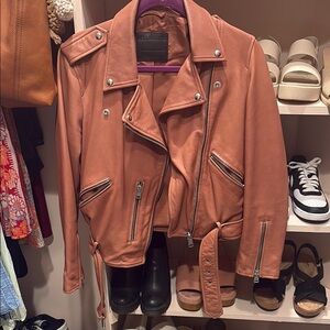 All Saints Tan Leather Moto Jacket Asymmetrical Zipper